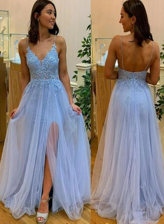 Beautiful Blue Straps V-neckline Tulle Party Dress Prom Dress