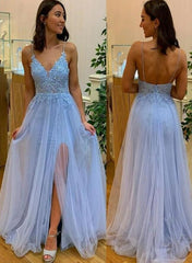Beautiful Blue Straps V-neckline Tulle Party Dress Prom Dress