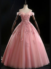 Lovely Pink Floral Tulle Off Shoulder Flowers Princess Gown