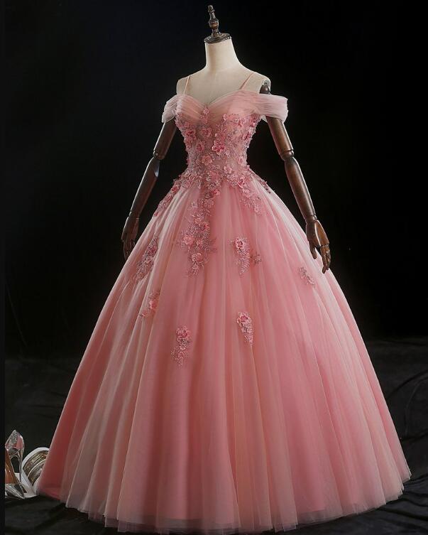 Lovely Pink Floral Tulle Off Shoulder Flowers Princess Gown