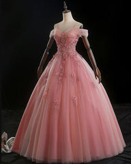 Lovely Pink Floral Tulle Off Shoulder Flowers Princess Gown