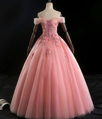 Lovely Pink Floral Tulle Off Shoulder Flowers Princess Gown