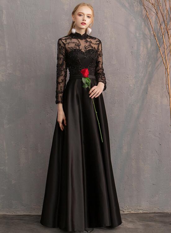 Black Satin and Lace Long Formal Dress Party Dresses