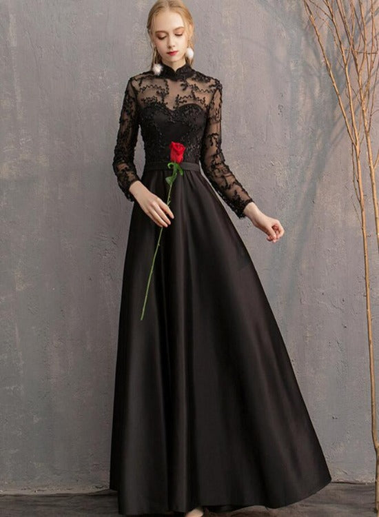 Black Satin and Lace Long Formal Dress Party Dresses