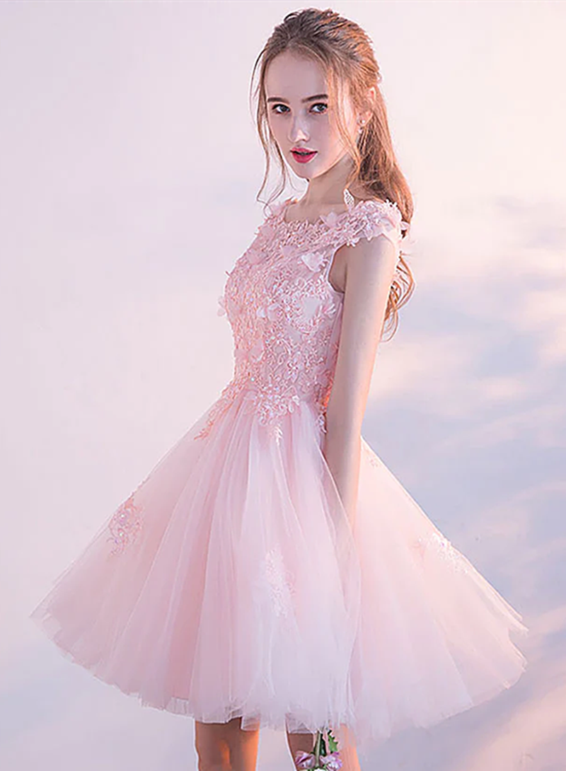 Vestidos de fiesta cortos de tul rosa con encaje y flores 