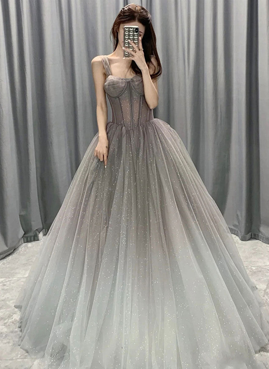 Beautiful Grey Gradient Straps Tulle Long Formal Gown