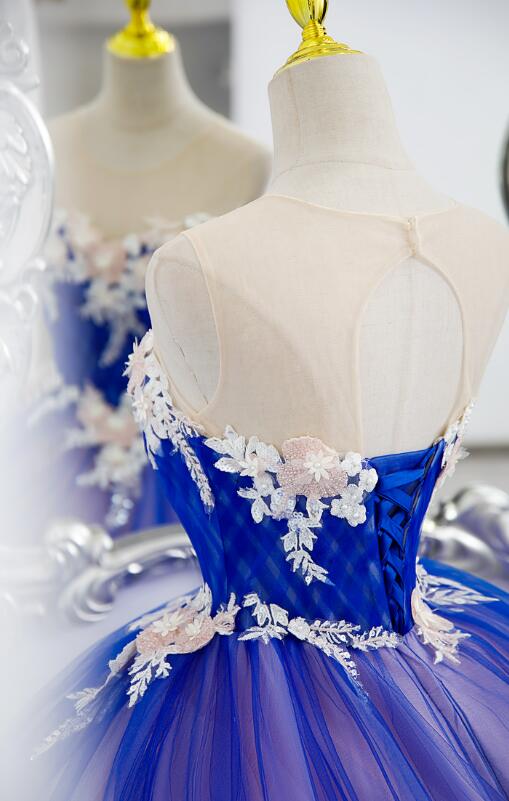 Vestido formal único azul y rosa con encaje 