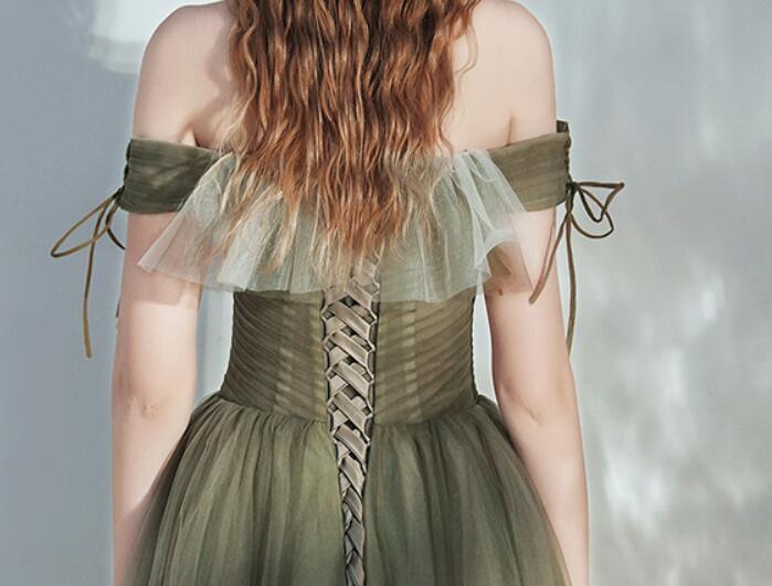 Green Off Shoulder Tulle Long Junior Prom Dress