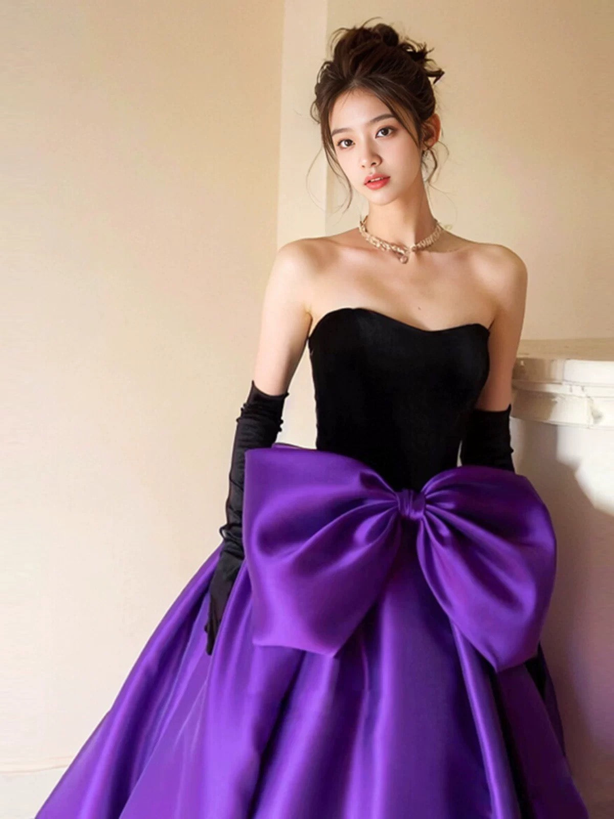 Chic Black and Purple Ball Gown Formal Dress with Bow