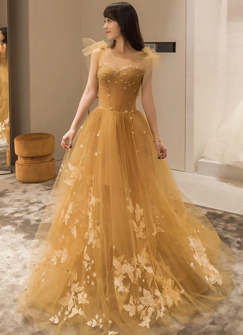 Yellow Tulle with White Lace Long Evening Dress
