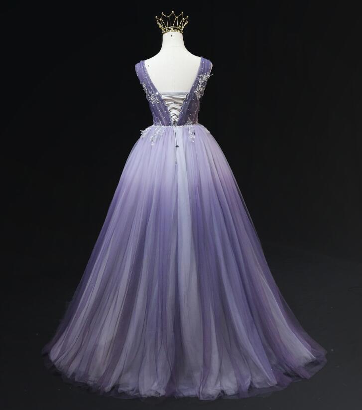Vestido formal con apliques de encaje degradado de tul morado claro 