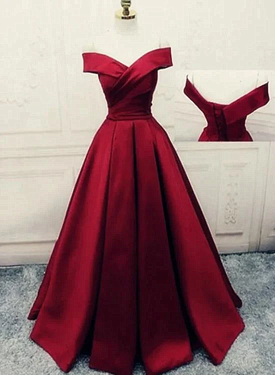 Charming Dark Red Satin A-line Off Shoulder Gown