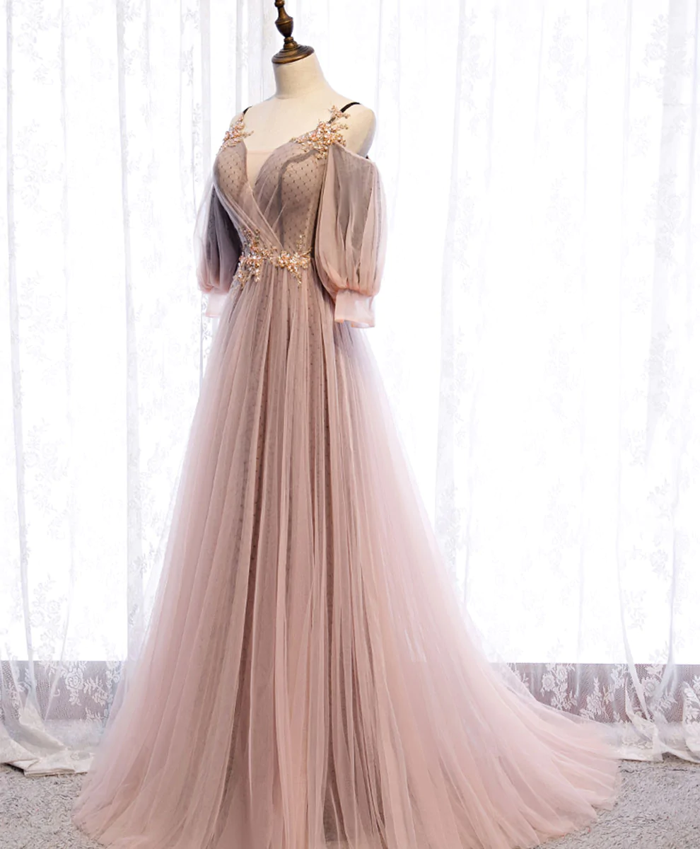 Long Sleeves Pink Tulle Long Party Dress with Lace