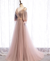 Long Sleeves Pink Tulle Long Party Dress with Lace