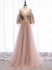 Long Sleeves Pink Tulle Long Party Dress with Lace