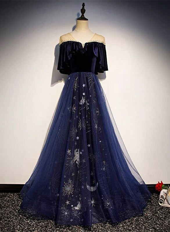 Blue Tulle with Velvet Long Party Dress