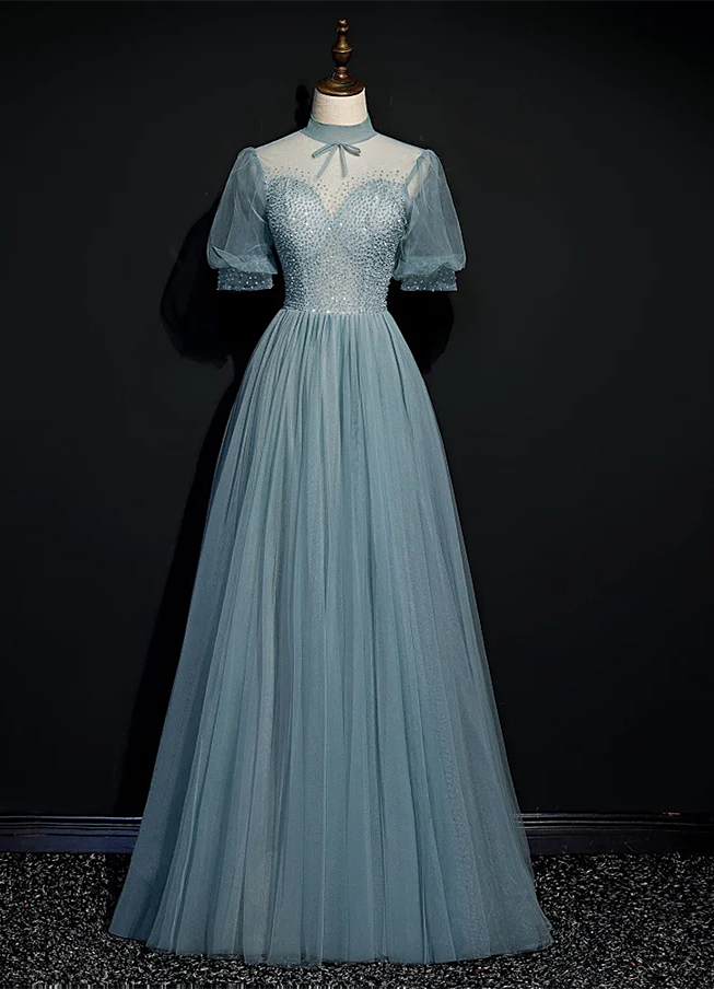 High Quality Beaded Short Sleeves Formal Dress