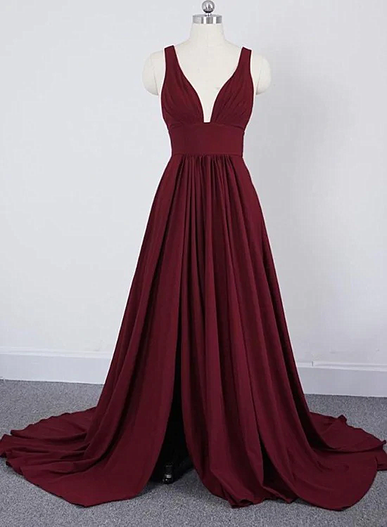 Wine Red Chiffon High Slit Long Party Dress