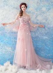 Pink Flowers and Tulle Long Puffy Sleeves Prom Dress