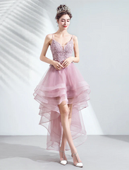 Pink Straps High Low V-neckline Tulle Lace and Beaded Prom Dress