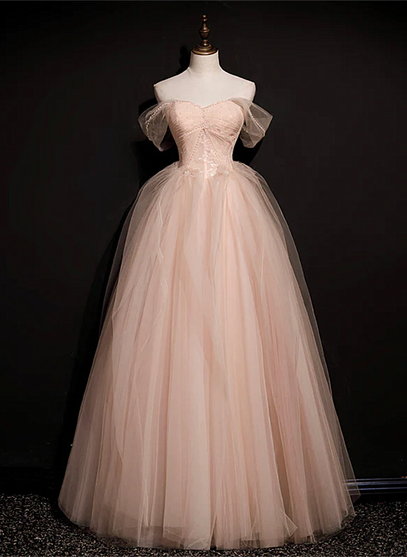 Pink Off Shoulder Beaded Tulle Long Party Dresses