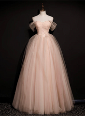 Pink Off Shoulder Beaded Tulle Long Party Dresses