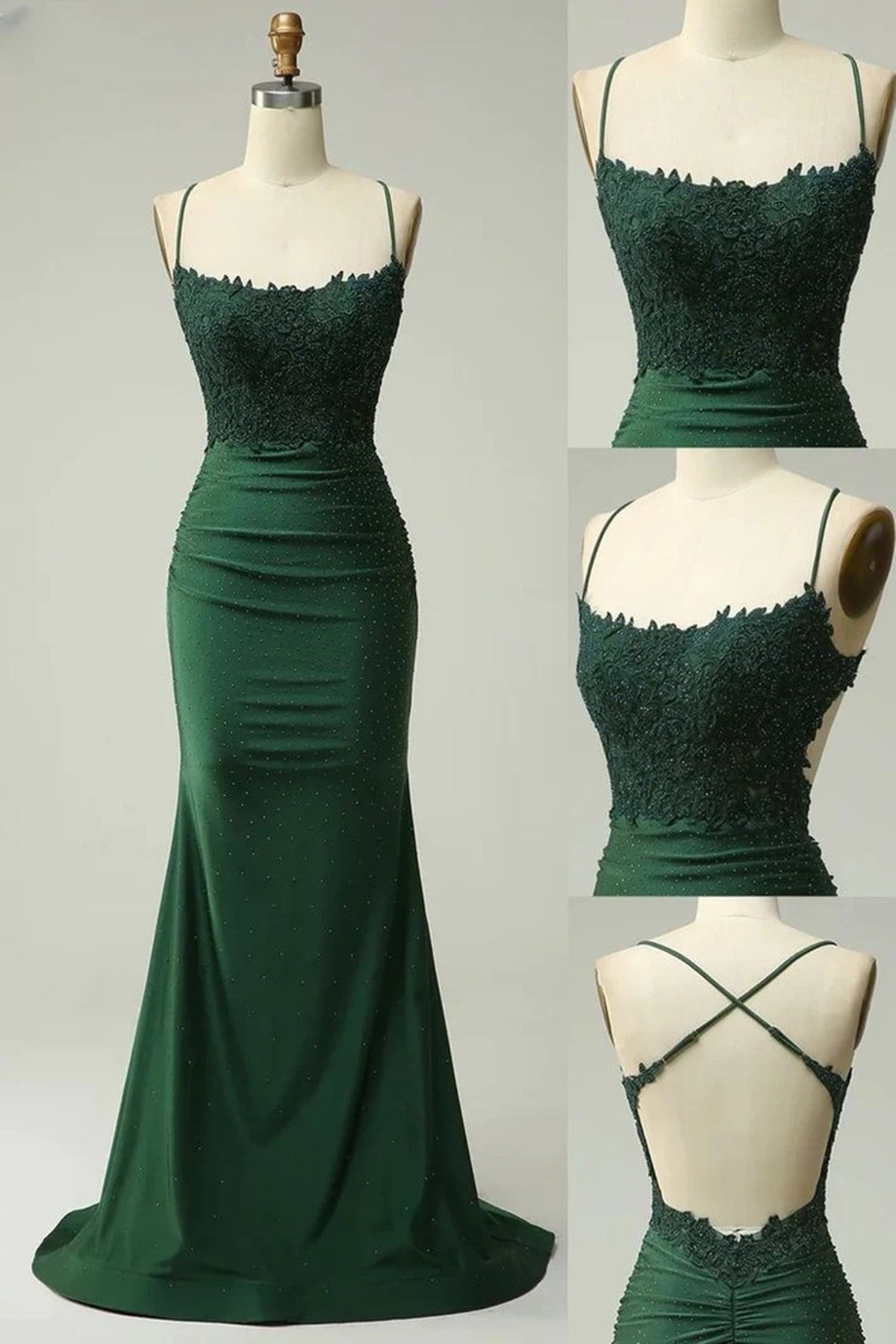 Green Spandex Mermaid Cross Back with Lace Party Dress