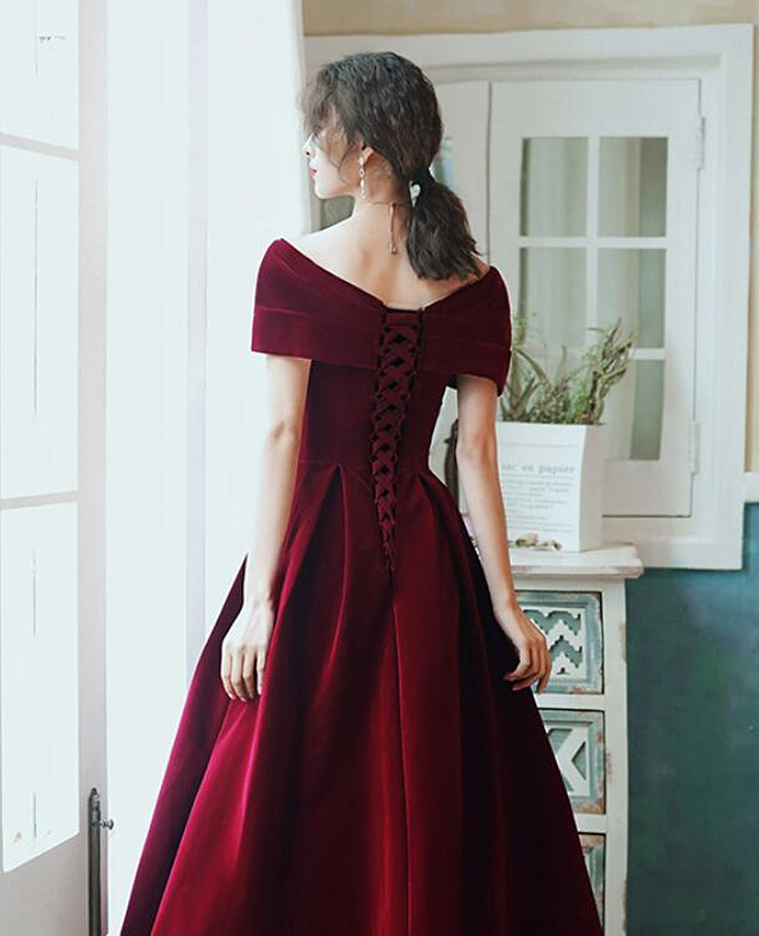 Wine Red Velvet Simple A-line Long Wedding Party Dress