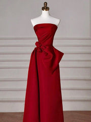 Vestido de noche rojo vino con corte A, sin tirantes, largo hasta el suelo 