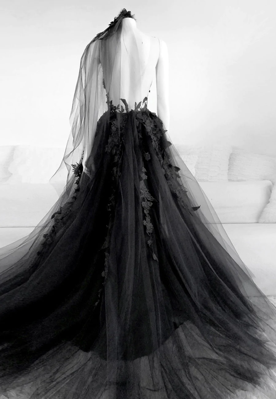 Black V-neckline Backless Tulle with Lace Party Dress