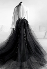 Black V-neckline Backless Tulle with Lace Party Dress