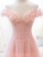 Pink Tulle A-line Long Prom Dress with Sequins