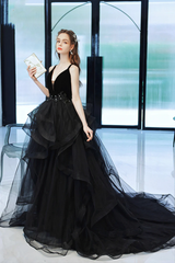 Black Straps V-neckline Tulle Long Party Dress