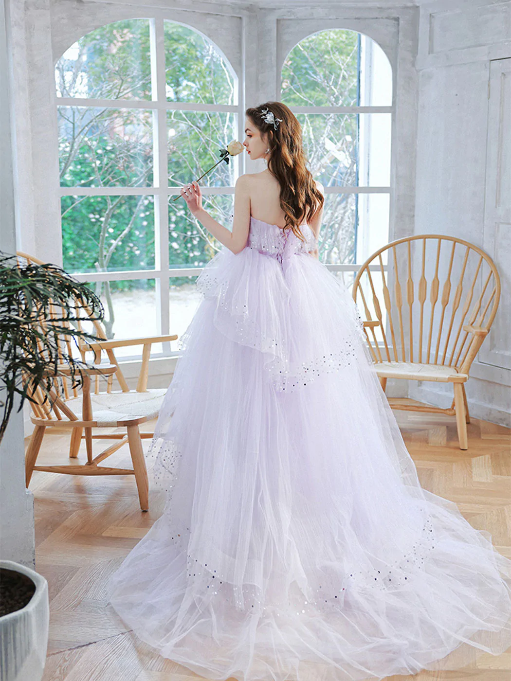 Lavender Tulle Floor Length Party Dress