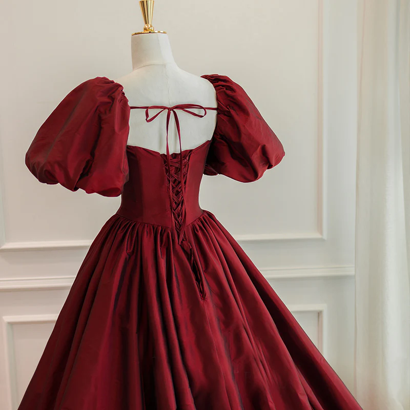 Burgundy Puffy Sleeves Taffeta Long Prom Dress