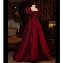 Burgundy Puffy Sleeves Taffeta Long Prom Dress