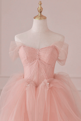Light Pink Tulle Off Shoulder Lace and Beaded Prom Dress
