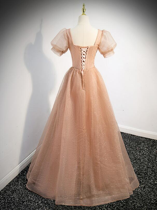 Vestido de fiesta de tul rosa con mangas cortas 