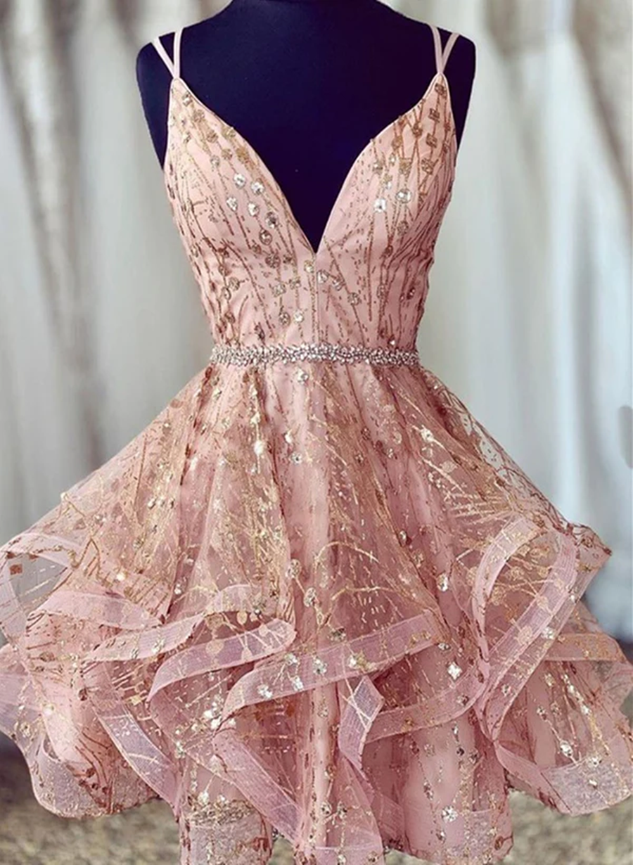 Vestido corto de fiesta con tirantes de tul rosa y cordones para regreso a casa 