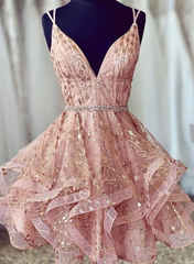 Vestido corto de fiesta con tirantes de tul rosa y cordones para regreso a casa 