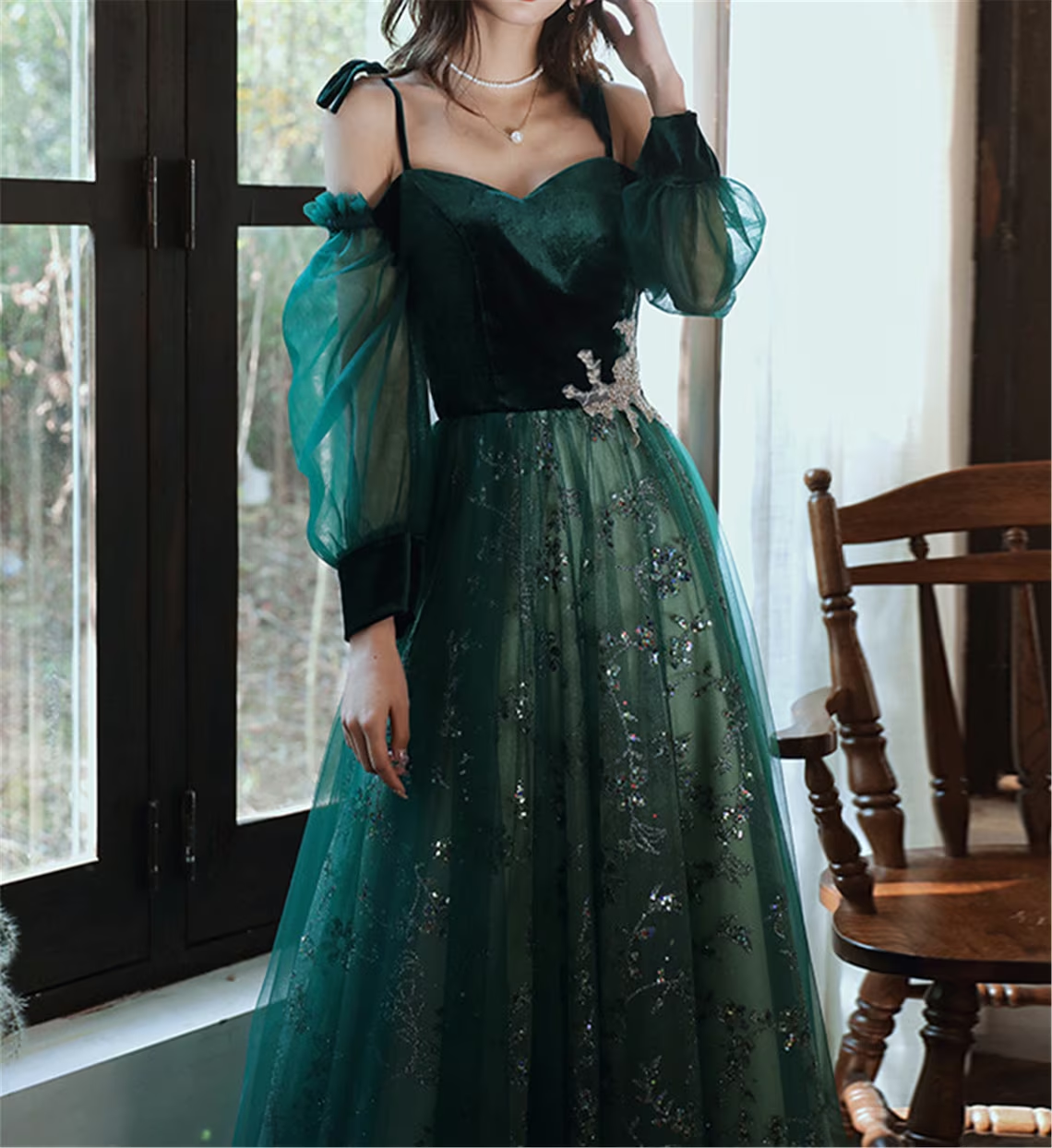 A-line Green Tulle with Lace Long Party Dress