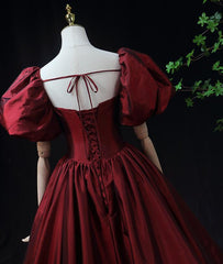 Vestido de fiesta largo de tafetán rojo vino con mangas cortas 