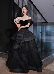 Black Velvet and Tulle Off Shoulder Long Formal Dress