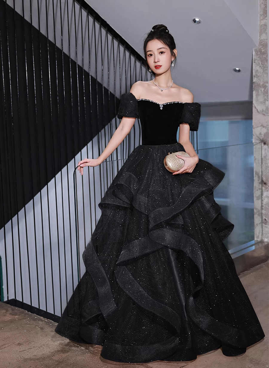 Black Velvet and Tulle Off Shoulder Long Formal Dress