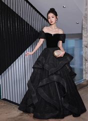 Black Velvet and Tulle Off Shoulder Long Formal Dress