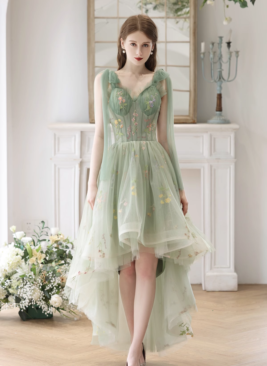 Light Green High Low Floral Tulle Formal Dress