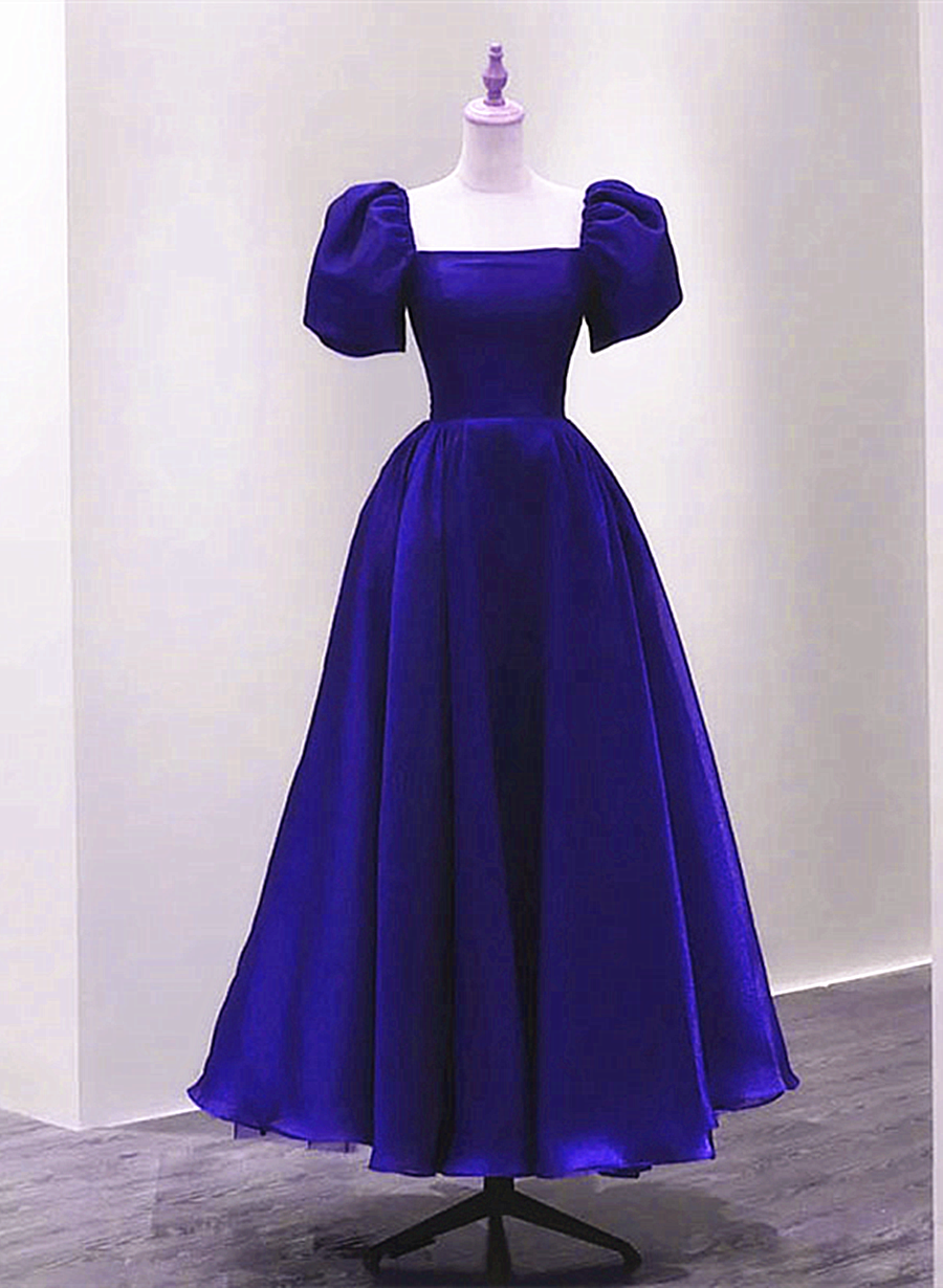 Vestido de fiesta de boda de manga corta de satén azul real 