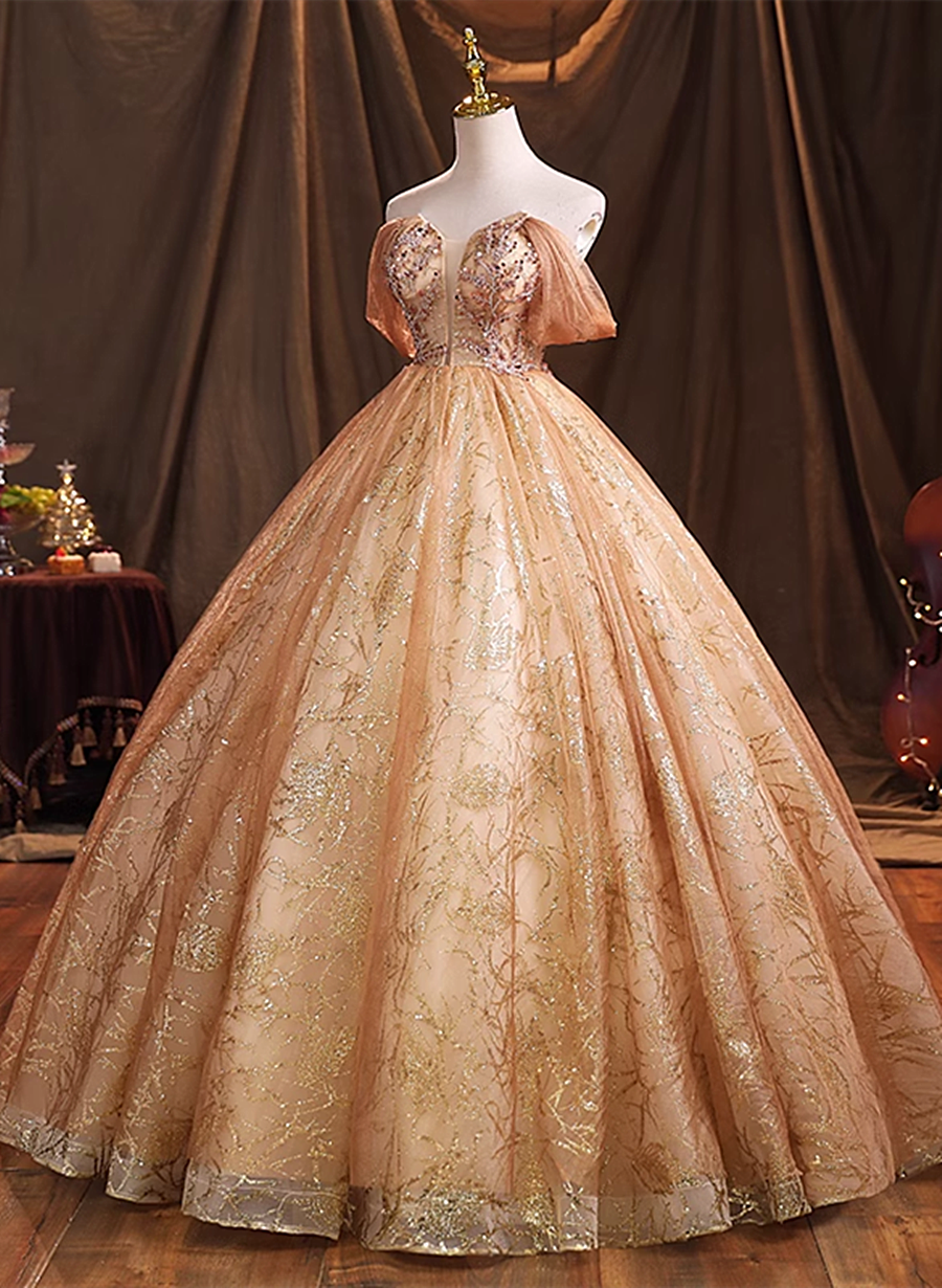 Gold Tulle with Beaded Long Sweet 16 Dress