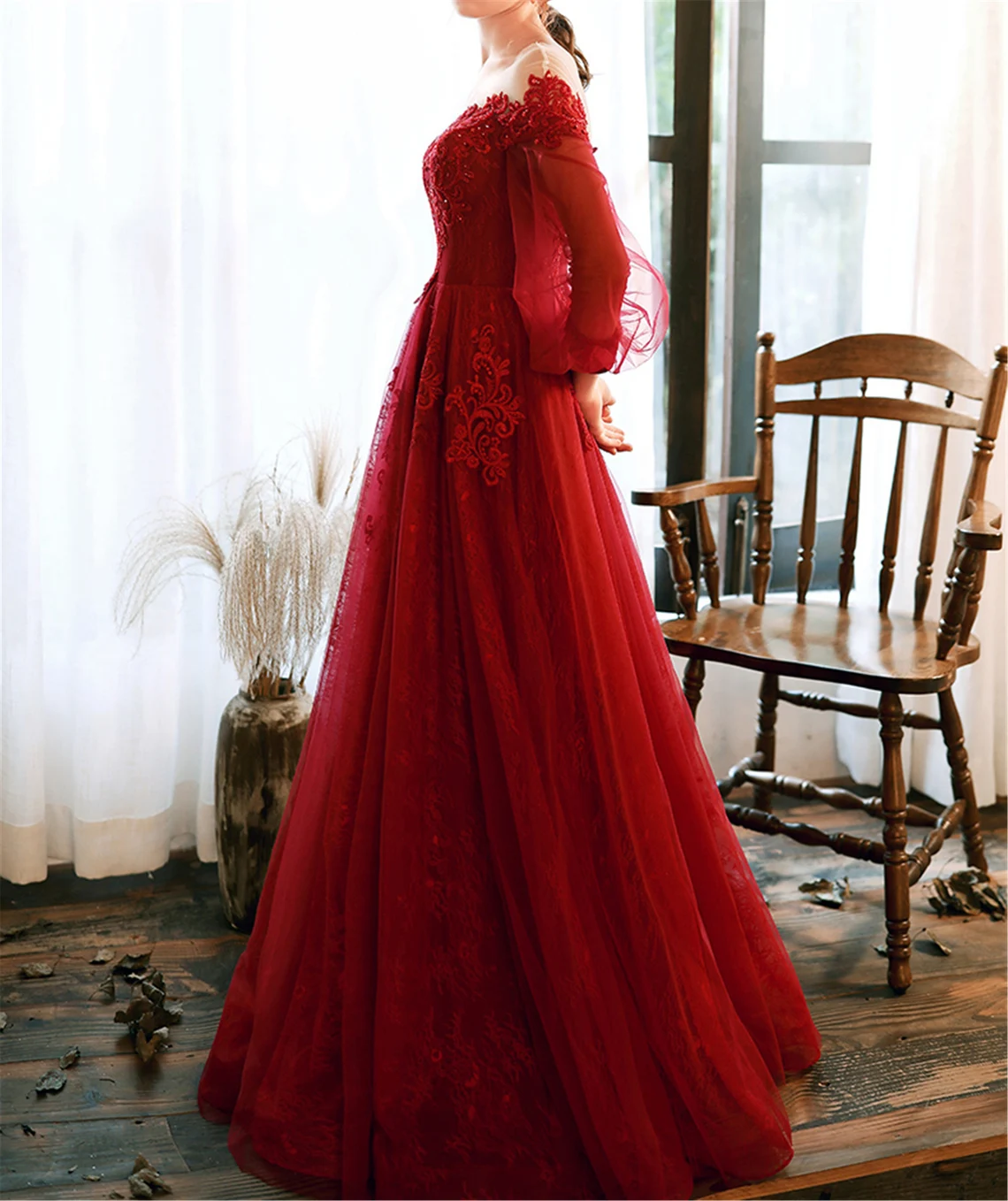 Vestido de fiesta rojo vino Vestido de noche de encaje Vestido de fiesta 