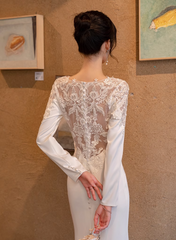 Vestido de fiesta de boda de sirena de satén blanco con mangas largas y encaje 
